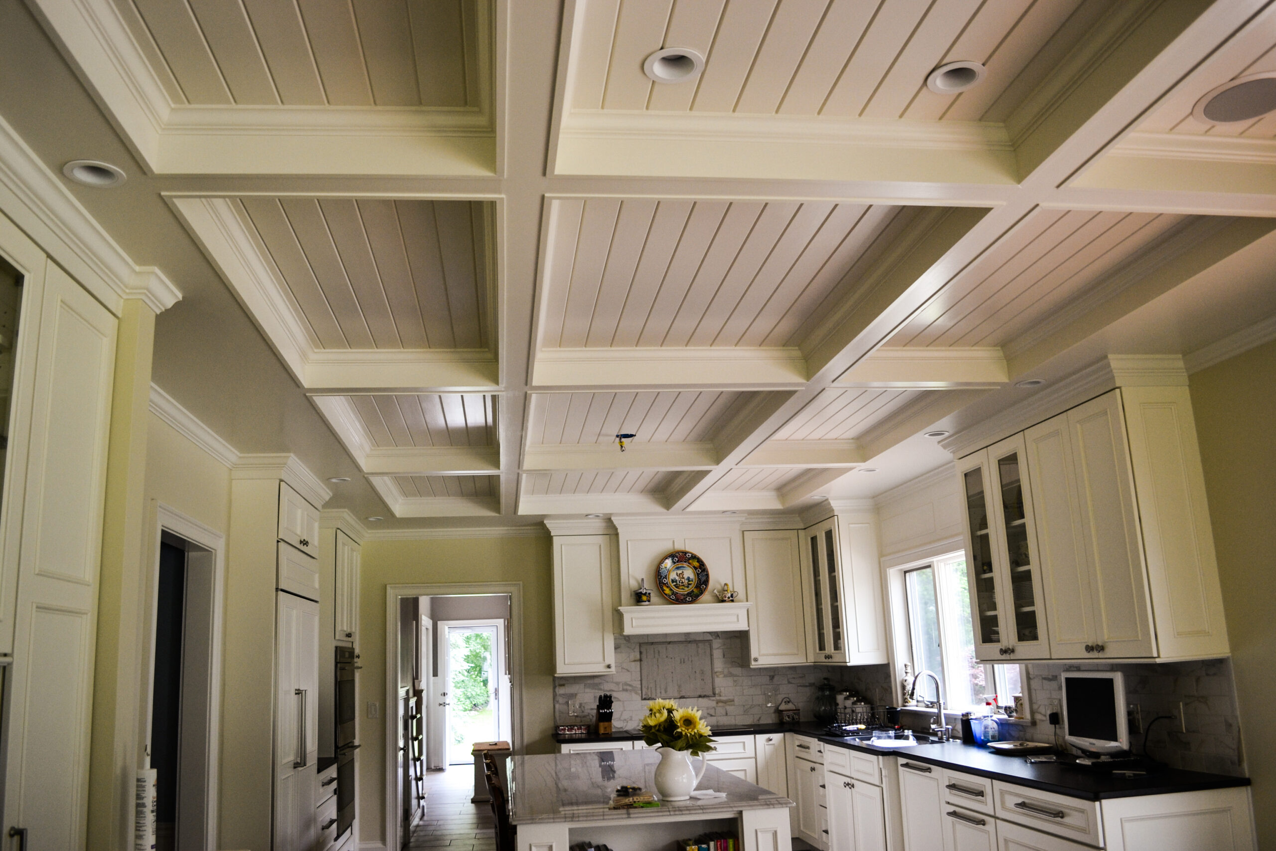 kitchen with box beam ceiling